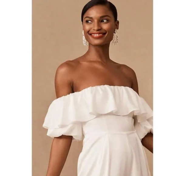 BHLDN x FAME & PARTNER Tessiah Ruffle Off Shoulder Jumpsuit White {3F49} - Picture 4 of 5